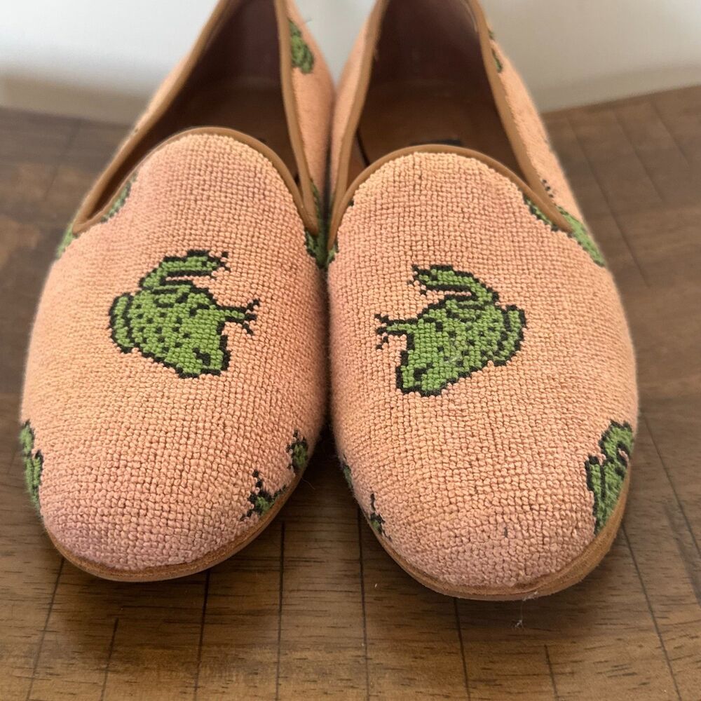 ZALO Frog Needlepoint Loafers Womens 8.5 M Pink Green Embroidered Slip On Flats - Picture 3 of 10